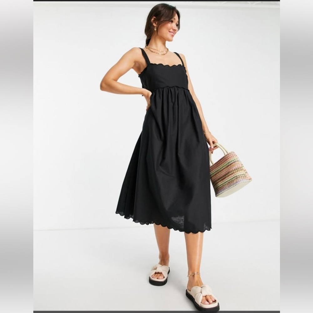 BNWT ASOS DESIGN scallop edge cut out back midi sundress black Sz 0